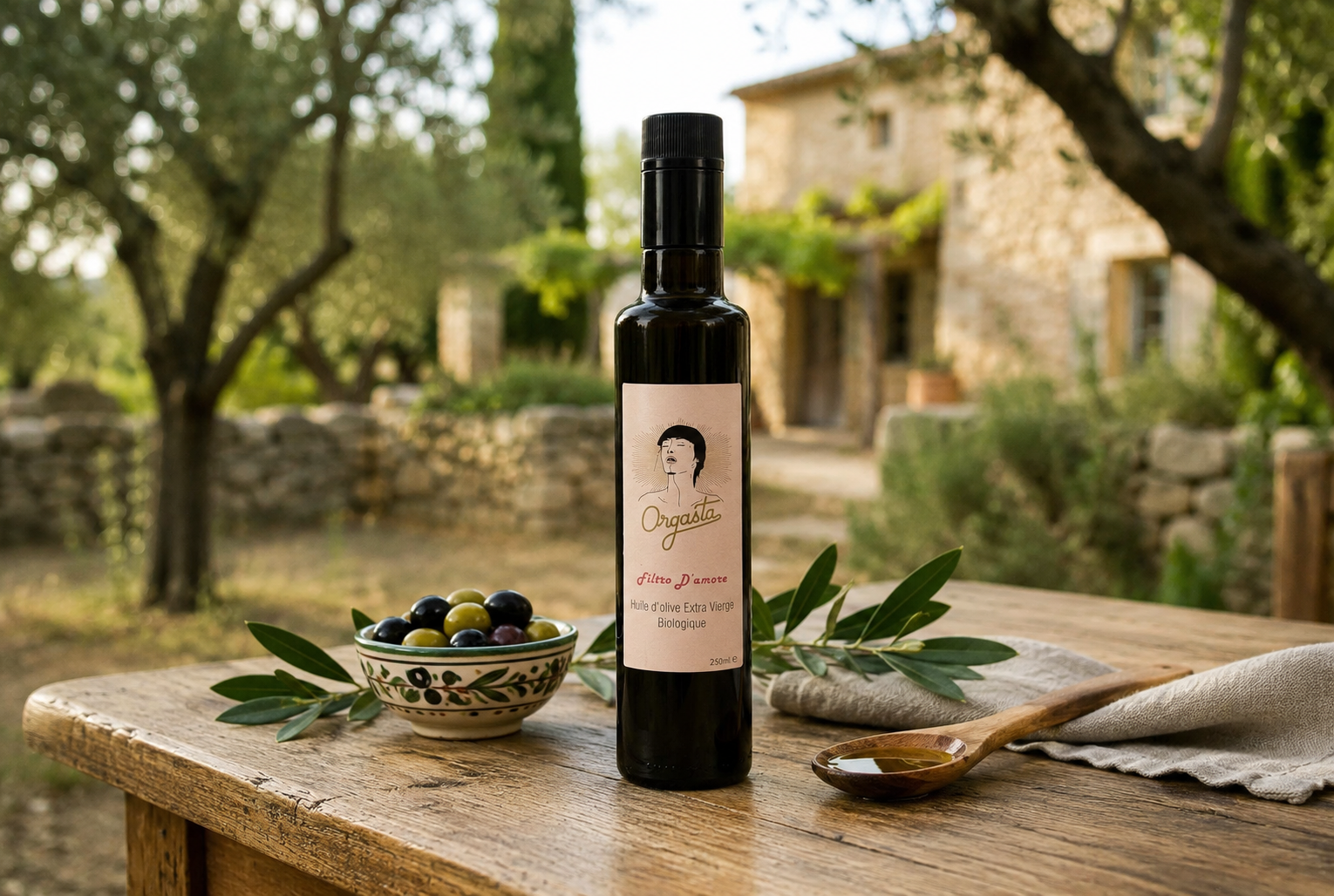 Huile d’olive bio extra vierge en bouteille sombre sur table en bois, olive et poterie décorative à côté dans un jardin rustique.