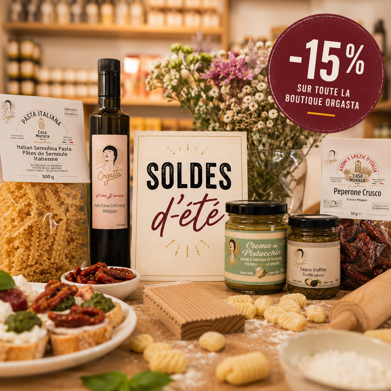 produits italiens étalés sur une table