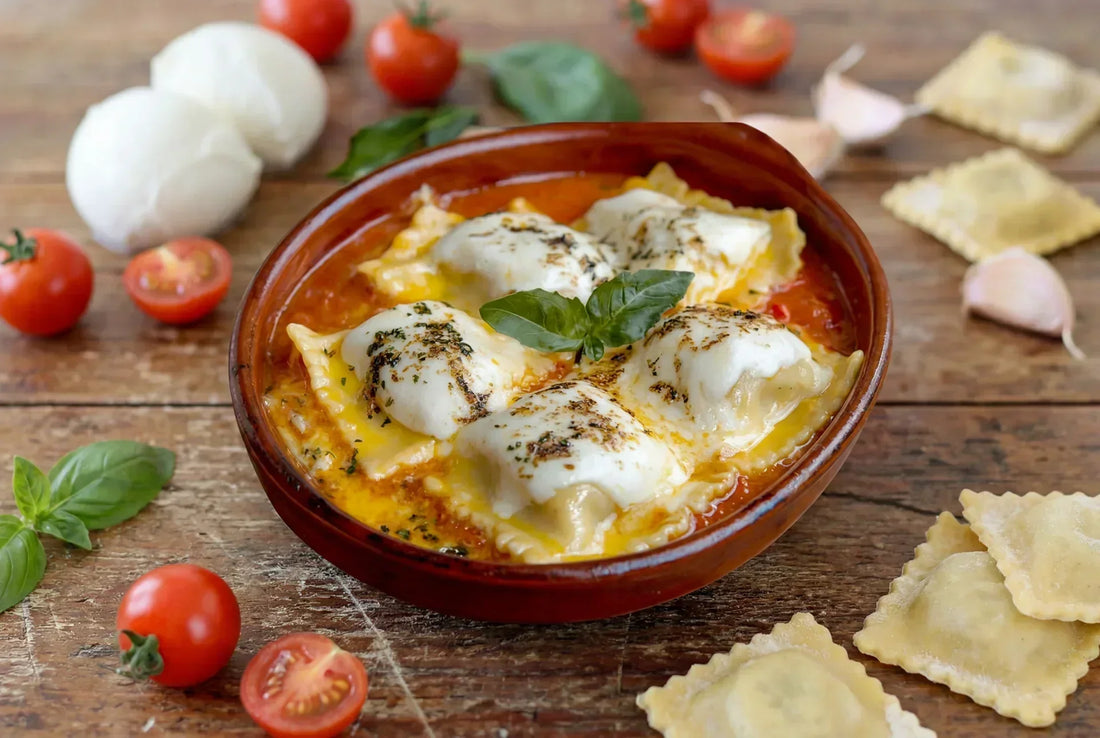 Assiette de gnocchis à la Sorrentine fumants au four, mozzarella fondante et sauce tomate, garnie de basilic frais.