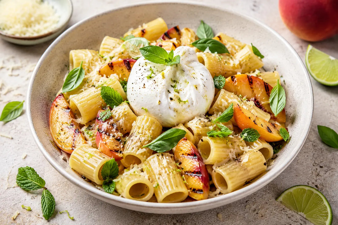 Pâtes estivales façon salade : une recette d'été avec burrata et pêches grillées