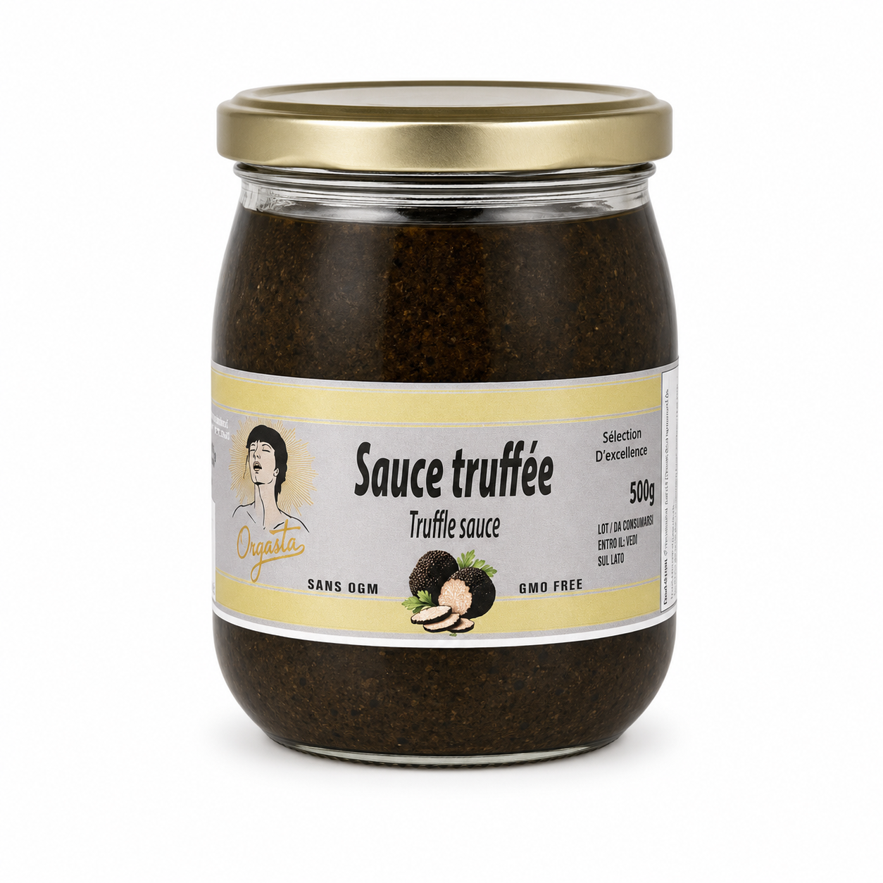 Sauce truffée Orgasta en pot, pâteuse et sombre, étiquette beige et logo noir de truffe au centre.