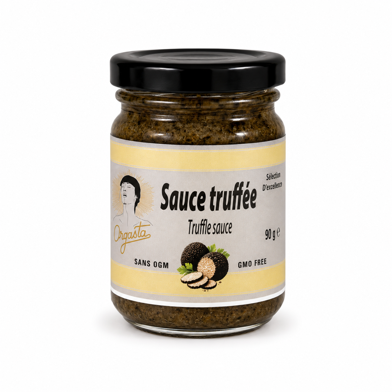 Sauce truffée Orgasta en pot, pâteuse et sombre, étiquette beige et logo noir de truffe au centre.