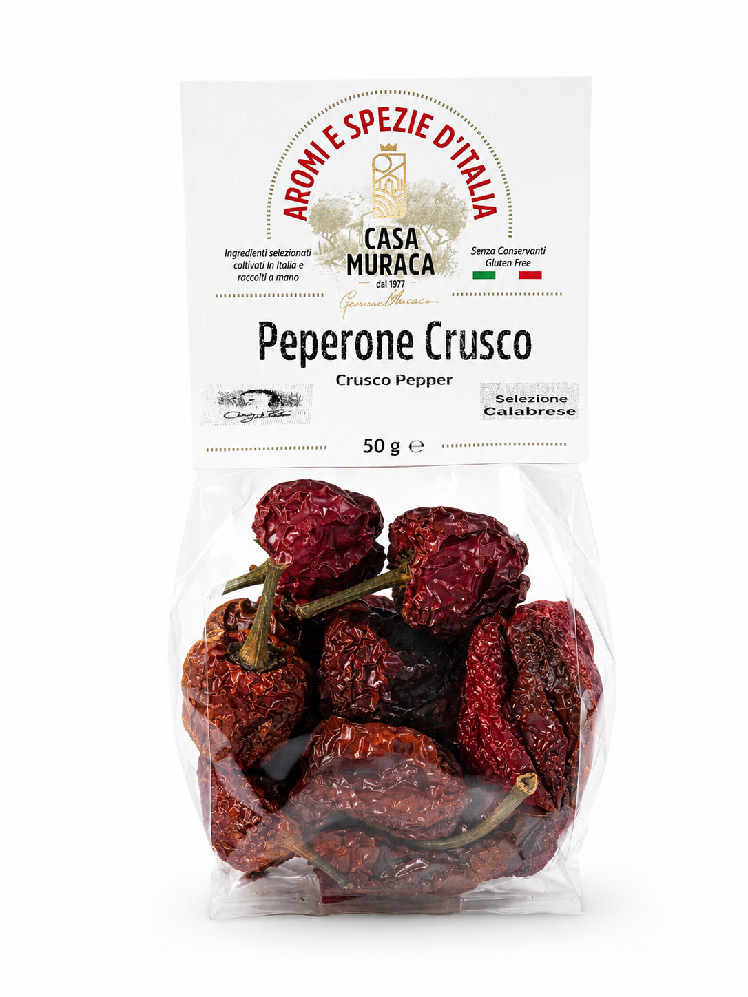 Piment sec Peperone Crusco de 50 g, sac transparent montrant des piments rouges durcis et déshydratés, emballage étiqueté Casa Muraca.