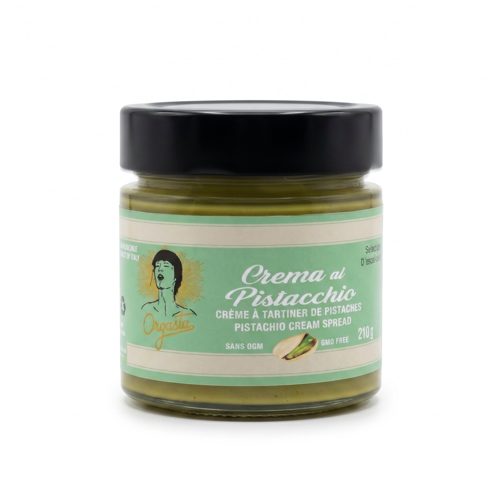 Crème à tartiner Pistache Orgasta en pot transparent avec bouchon noir, étiquette verte et texte “Crema al Pistacchio” sur fond vert.